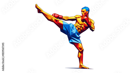 Abstract geometric illustration of a martial artist performing a high kick