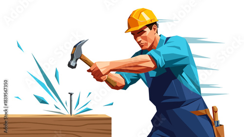 Carpenter hammering a nail into wood with a hammer, construction concept