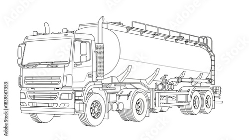 a detailed line drawing showcases a large tanker truck emphasizing its industrial design and functional components presenting a clear side view