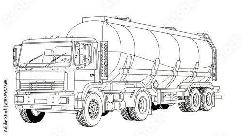 a detailed line drawing showcases a large tanker truck featuring a cylindrical tank and a classic tractor cab design side view