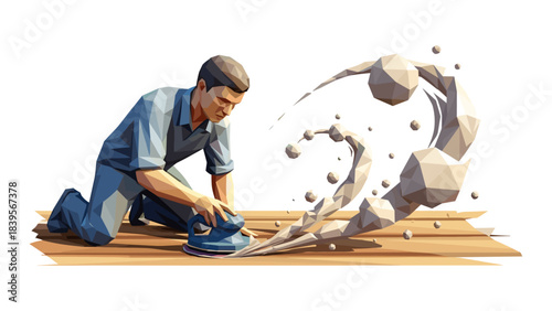 Abstract illustration of a man sanding a wooden floor with a power sander
