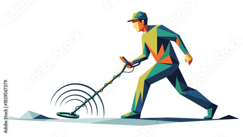 Abstract illustration of a person using a metal detector on a white background