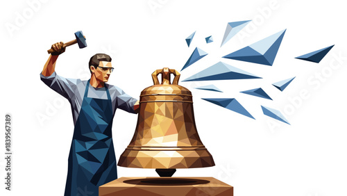 Artistic illustration of a man ringing a golden bell with a hammer
