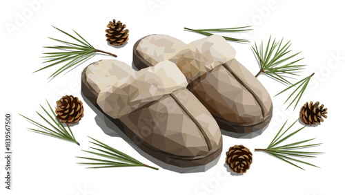 Cozy slippers with pine needles and cones on a white background
