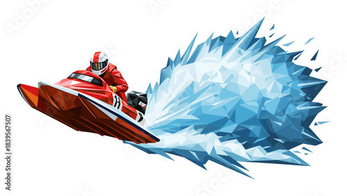 Geometric illustration of a red speedboat racing across the water
