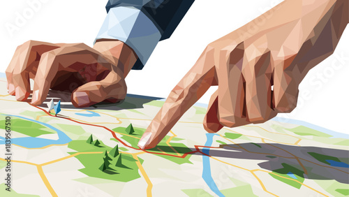 Hands pointing at a map, showing a route and destination, low poly illustration