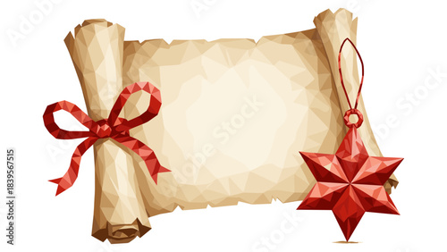 Festive scroll with red bow and star ornament on a white background