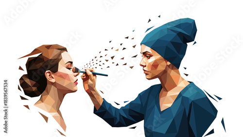 Abstract illustration of a makeup artist applying powder to a client's face