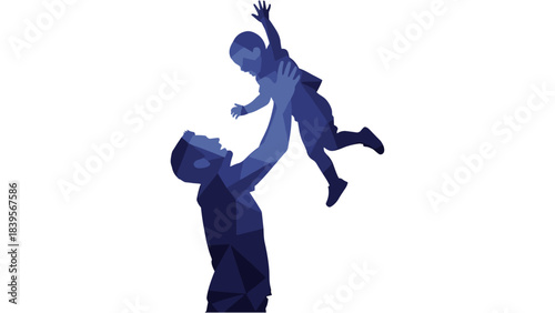 Father and child silhouette in blue geometric design on a white background