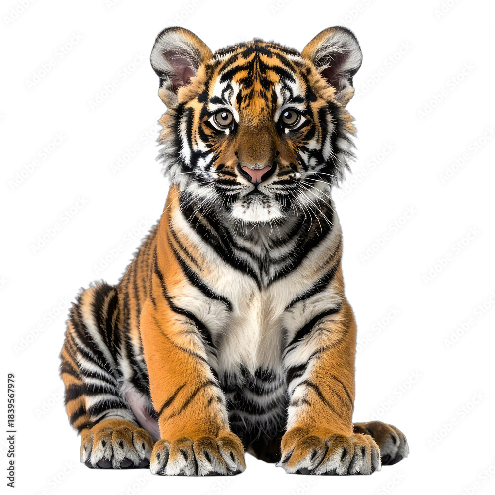 Obraz premium A captivating studio portrait of a young tiger cub against a solid black background.