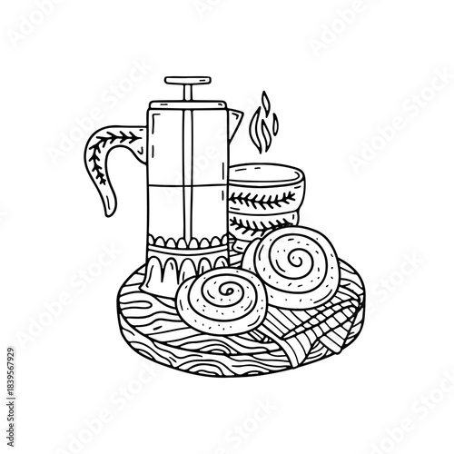 Hand drawn doodle hygge french press tea or coffee pot with cinnamon rolls on a wooden tray icon vector illustration