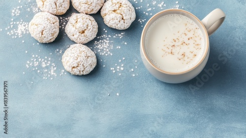 Powdered Sugar Cookies and Warm Milk, winter , food photography