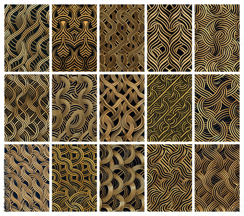 Collection of vertical seamless vector patterns in intricate abstract style with gold and brown hues, for textile design, creative backgrounds, and gift wrapping