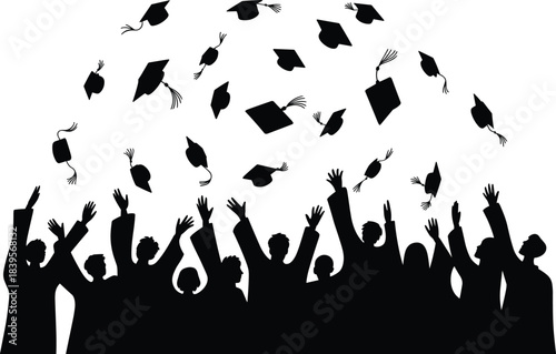 Graduates celebrating by throwing caps in the air, joyful student silhouette crowd cheering during graduation ceremony, academic success vector illustration for education and festive events
