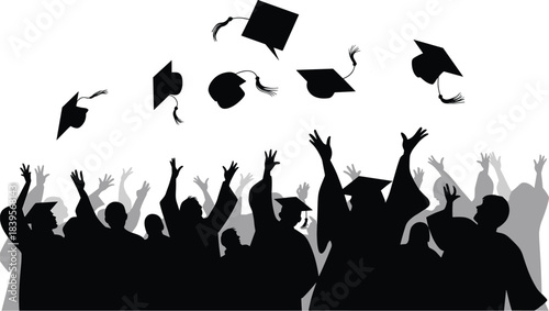 Graduation celebration silhouette with cheering students throwing caps, joyful graduates, academic achievement ceremony scene, education success moment vector illustration for festive school