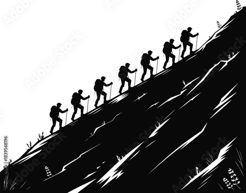 Mountain climbers hiking steep slope silhouette, teamwork adventure trekking group ascending rugged terrain, outdoor exploration vector illustration showing challenge, endurance, and mountaineering