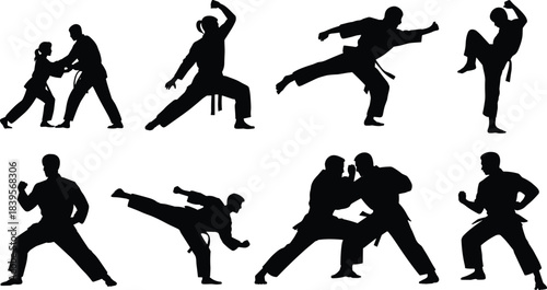 Set of martial arts silhouettes showing karate fighting techniques, dynamic kicks, defense stances, sparring actions, and training poses for sports and self-defense illustrations