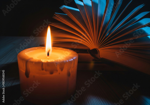 Candle and Open Book in Artistic Warm Light