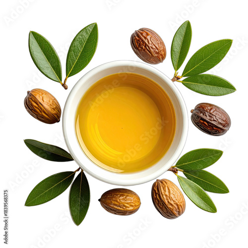 Aromatic Jojoba Oil Bowl Surrounded by Nuts and Fresh Leaves on Black Background