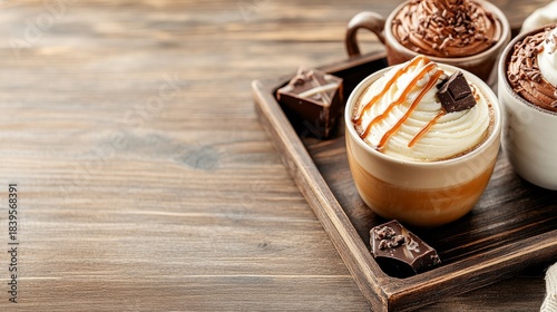 Rich Hot Chocolate Mugs with Whipped Cream, Chocolate Pieces on Wooden Tray, dessert, beverage