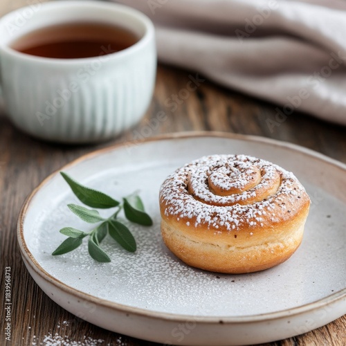 Sweet Roll with Icing Sugar,Tea Cup and Sage on Plate, Food photography, Breakfast