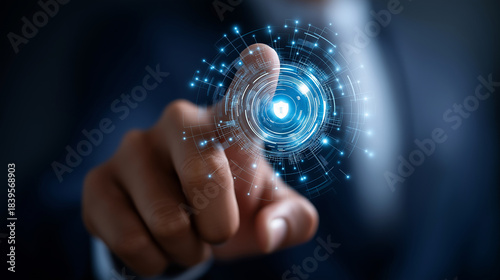 Faceless cybersecurity expert architecting multi-layered security system for FinTech and secure online payments, interacting with futuristic holographic data protection interface, 