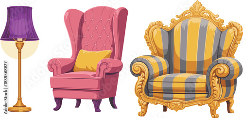 Elegant vintage armchairs and decorative floor lamp in detailed classic furniture illustration, showcasing luxurious interior decor elements and ornate seating designs for home and living spaces