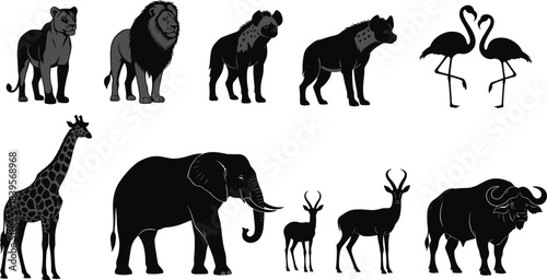 African wildlife animal illustration set featuring lion, hyena, giraffe, elephant, flamingo, buffalo, gazelle, safari animals, nature silhouettes and cartoon designs