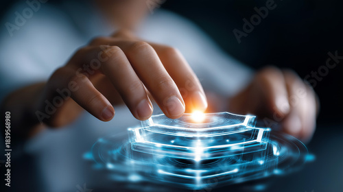 Dramatic closeup captures faceless cybersecurity expert's hands actively engaging with glowing multi-layered holographic shield interface, bright azure light illumination, futurist