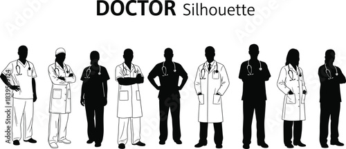 Doctor silhouette collection featuring medical professionals, surgeons, nurses, healthcare workers, stethoscope poses, hospital staff clipart, standing doctor vector set