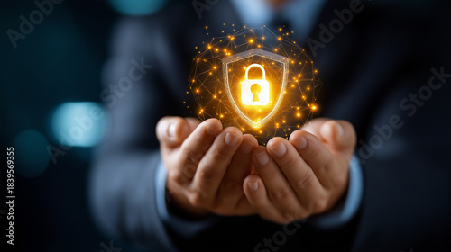 Faceless businessman in suit holds glowing shield with padlock symbolizing cybersecurity and data protection in digital age, defocused security representation, protection metaphor,