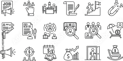 Recruitment and hiring icons set featuring job search, candidate selection, resume review, HR management, employee growth, talent acquisition, and business career development