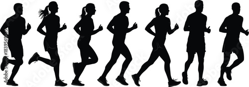 Running silhouette set featuring joggers, athletes in motion, fitness runners, marathon training, active lifestyle illustrations, men and women exercising outdoors