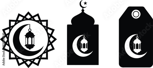 Islamic crescent moon lantern and star ornaments for ramadan