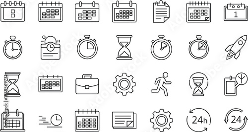 Time management icons set featuring calendars, clocks, stopwatch symbols, deadlines, schedules, productivity tools, workflow planning, countdown timers, and organization concepts