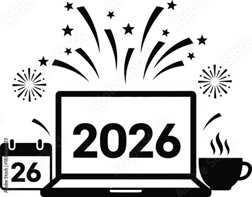 Happy new year 2026 with fireworks and confetti