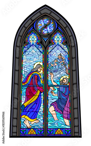 Gothic stained glass window from Our Lady of Good News church in Lorient. Illustration of rescuing of drowning fishermen off the coast of Brittany. Hand drawn vector. Medieval French architecture.