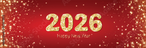 New year 2026 gold digits on red glitter frame glow background for Chinese and Western new year visuals, suitable for festive web headers, posters and social media ads.