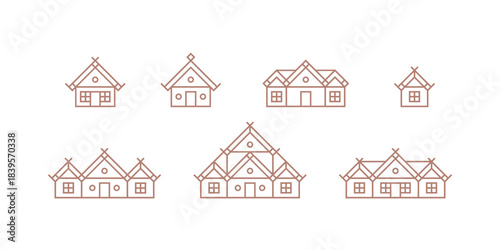 Different types of village houses. Flat line vector illustration.