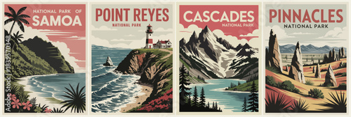 Retro set of four national park posters featuring Samoa, Point Reyes, Cascades, and Pinnacles with bold typography and stylized geometric landscapes