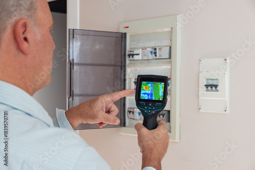 Photos Electrician checking fuse box with thermal imaging camera