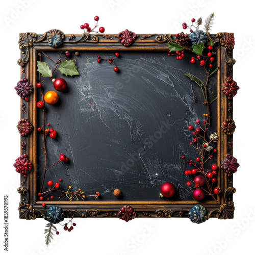 Ornate vintage frame adorned with festive holly berries and ornaments against a dark background.
