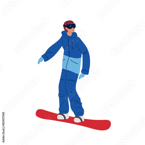 Beginner is learning to snowboard. Snowboarder in winter gear off slope with blue snowboard in snowy area in winter landscape