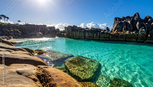 Turquoise water cove with rocks under sunny sky, lush trees in the background, bathed in a warm, inviting glow