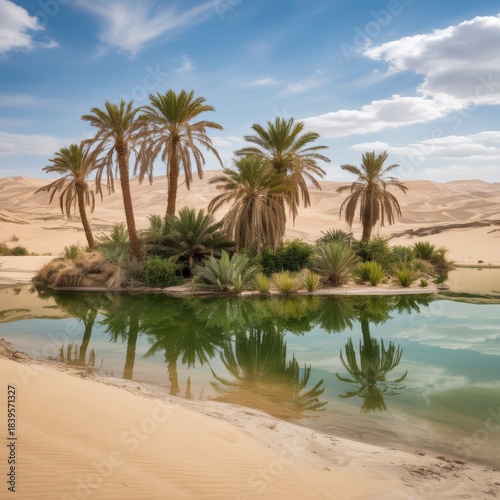 Oasis with palm trees and green water in a desert sand dunes