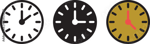 Clock set three versions line icon solid fill and flat color design vector illustration