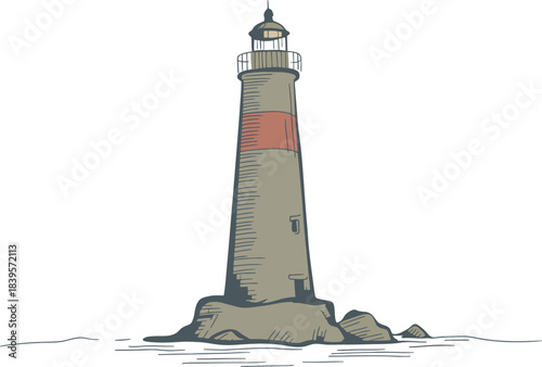 Colored vector illustration of a tall lighthouse standing firmly on a group of rocks