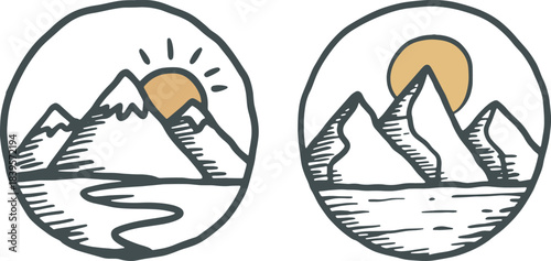Pair of hand drawn mountain and sun landscape icons with water inside circular frames