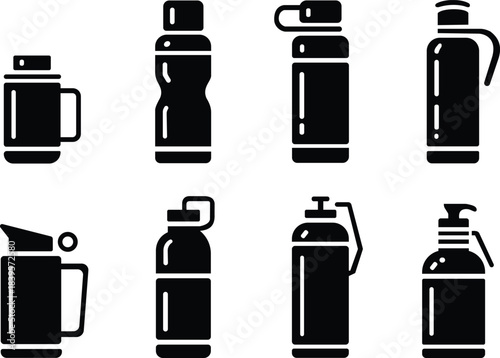 Thermos flask bottle black silhouette icon set travel mug hot drink container