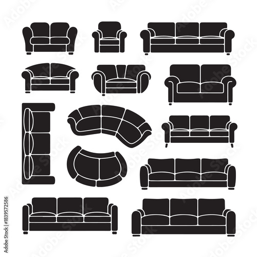 Front View Sofa, Couch, and Armchair Silhouettes Set